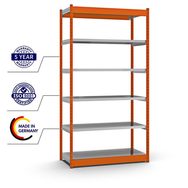 PROREGAL Fachbodenregal Stecksystem Vierkant-Profil Grundregal HxBxT 250 x 132,5 x 50 cm 6 Ebenen Einseitige Bauart Fachlast 200 kg Orange