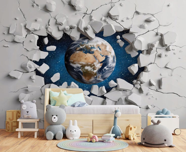 Kinderzimmer mit Wanddekoration, die eine durchbrochene Wand und den Planeten Erde zeigt