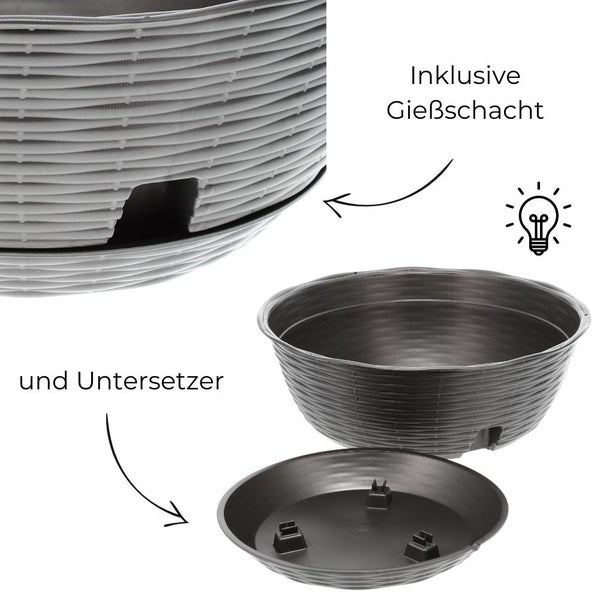 Pflanzschale Blumenschale Untersetzer Rattan Optik Kunststoff Friedhof Garten anthrazit 30 cm