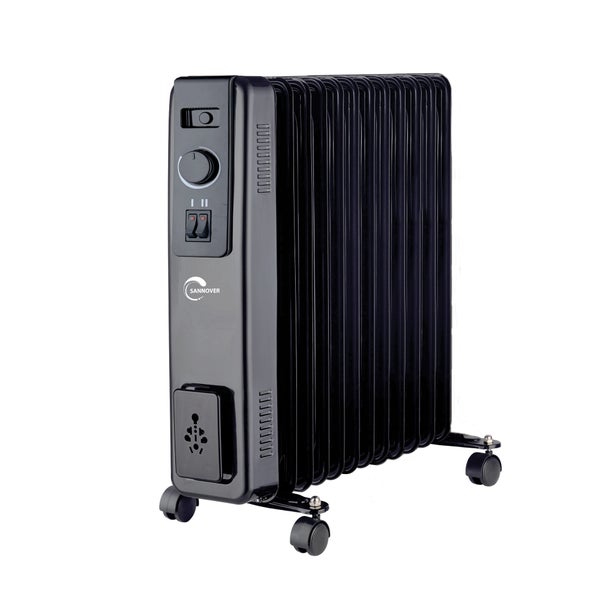 Mobiler Ölradiator mit Rollen zur flexiblen Beheizung von Innenräumen, Sannover Logo, kompaktes Design mit verstellbarem Thermostat