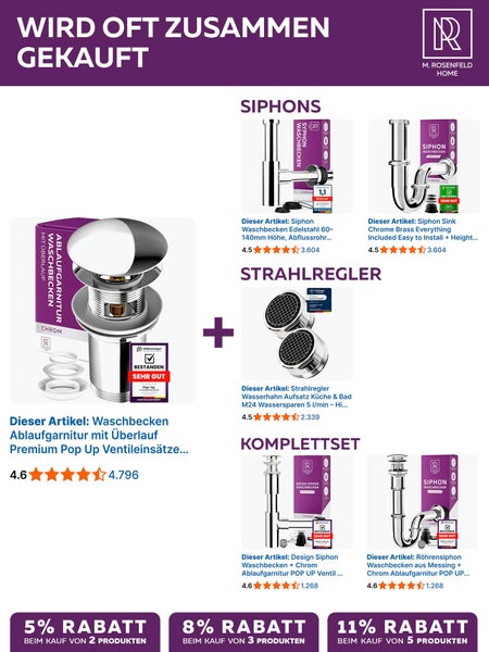 Produkte, die oft zusammen gekauft werden: Waschbecken Ablaufgarnitur, Siphons und Strahlregler.