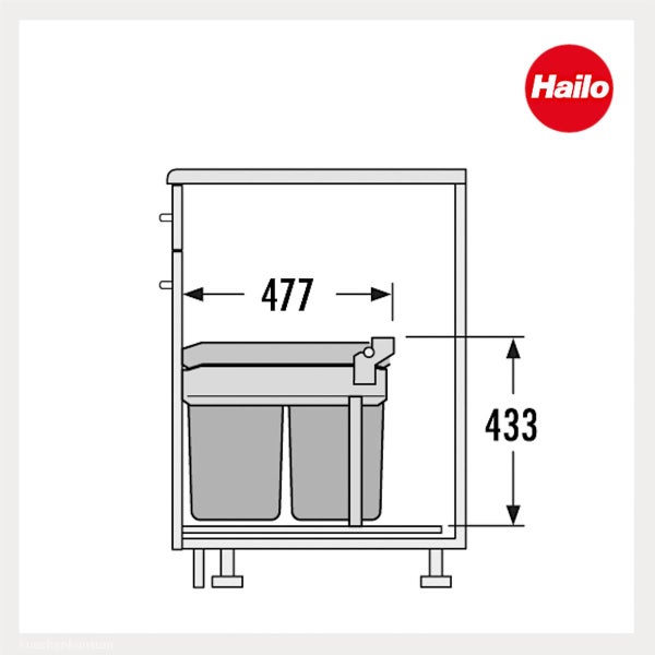 Maßzeichnung Hailo Abfalltrennsystem im Schrank, Tiefe 477 Millimeter, Höhe 433 Millimeter. Hailo Logo.