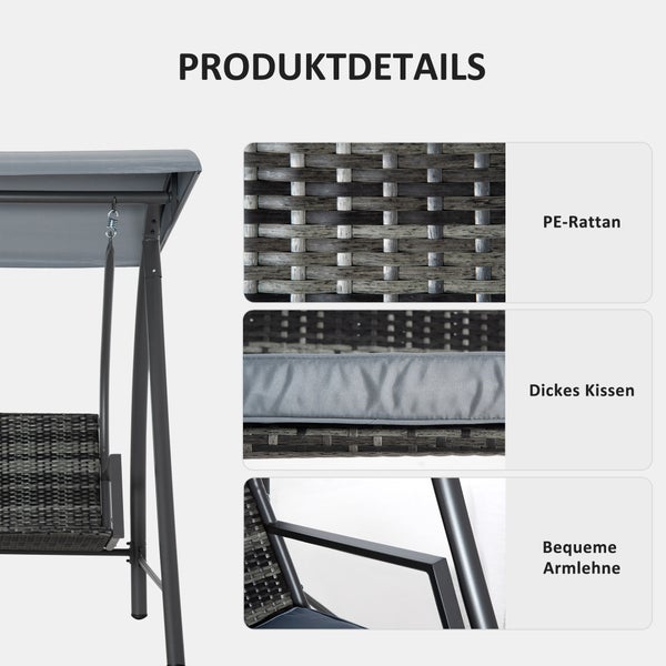 Outsunny Hollywoodschaukel, 3-Sitzer, mit Dach, 198 x 124 x 179 cm, Polyrattan+Metall, Grau