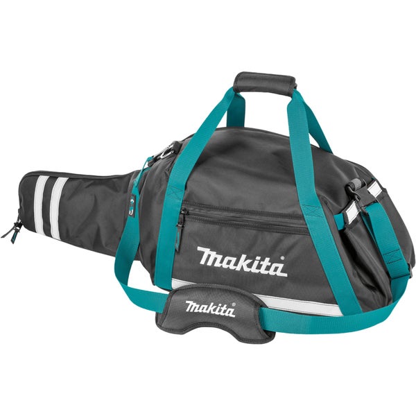 Makita Werkzeugtasche aus schwarzem Gewebe mit türkisfarbenen Gurten, Tragegriffen, gepolstertem Schultergurt und Makita Logo.