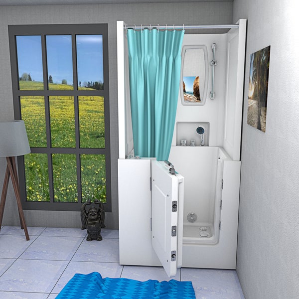 Barrierefreie Sitzbadewanne mit Tür in hellem Badezimmer, inklusive Duschvorhang, integriertem Sitz und Armatur vor einem großen Fenster.