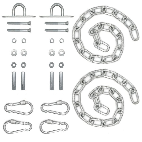 Befestigungsset für Schaukeln mit zwei Ketten, Karabinerhaken, Deckenhaken, Schrauben, Unterlegscheiben und Dübeln aus Metall.