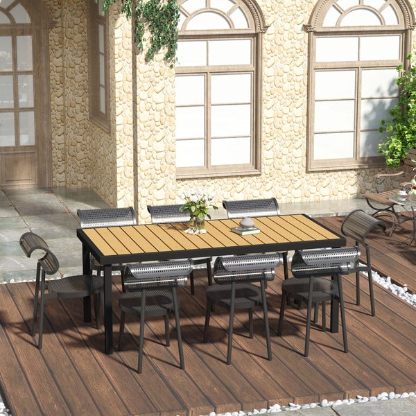 Outsunny Gartentisch für 8 Personen, Esstisch, 190 x 90 x 74 cm, Kunststoff, Natur+Schwarz