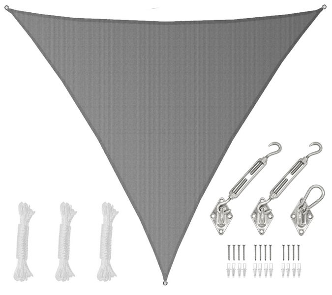 Dreieckiges Sonnensegel in Grau inklusive Montageset mit Seilen, Spannschrauben, Karabinerhaken, Schrauben und Dübeln.
