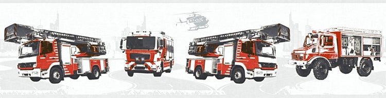 Illustration von vier Feuerwehrfahrzeugen und einem Hubschrauber vor einer Stadtkulisse