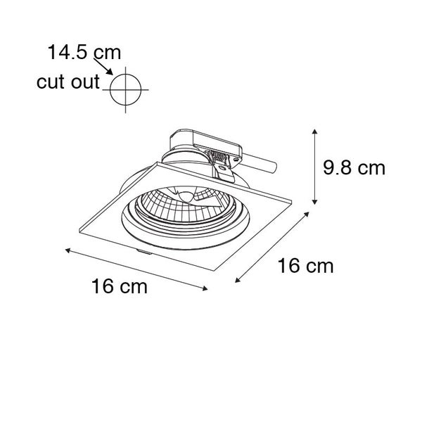 Technische Zeichnung eines quadratischen Einbaustrahlers mit Maßen: 16 mal 16 Zentimeter, Höhe 9,8 Zentimeter, Ausschnitt 14,5 Zentimeter.