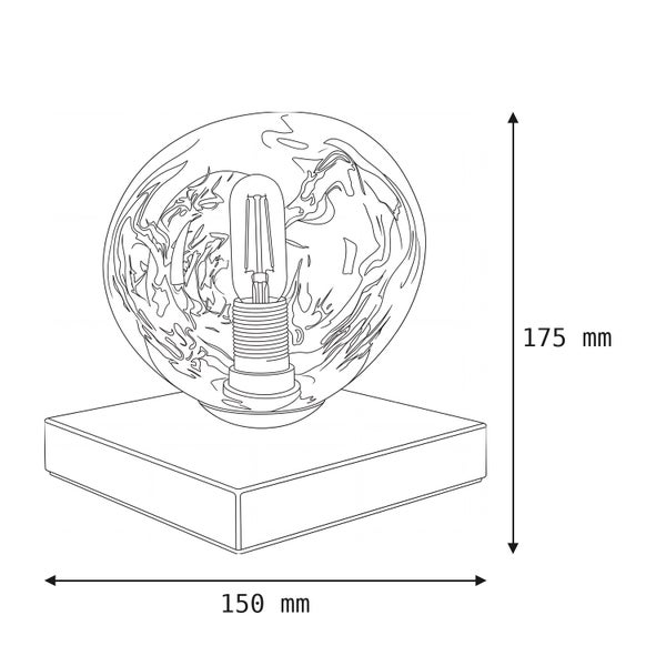 Technische Zeichnung einer Tischleuchte mit quadratischem Sockel und runder Glaskugel, Höhe 175 Millimeter, Breite 150 Millimeter.