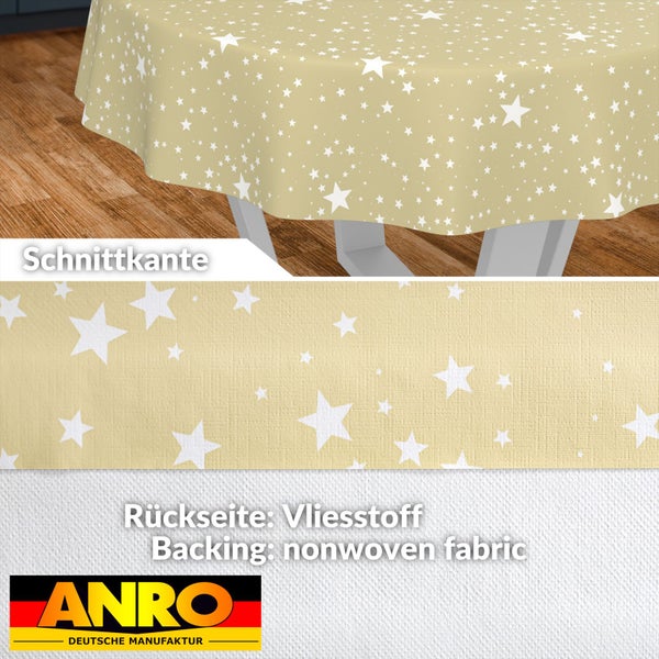 Abwaschbare Tischdecke mit Sternenmuster, Schnittkante und Vlies-Rückseite. ANRO Deutsche Manufaktur Logo.