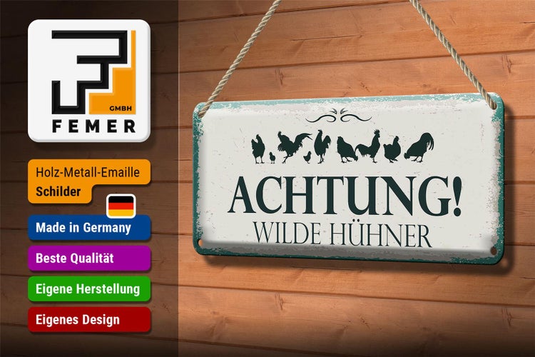 Blechschild Spruch Achtung Wilde Hühner 27x10cm Dekoration