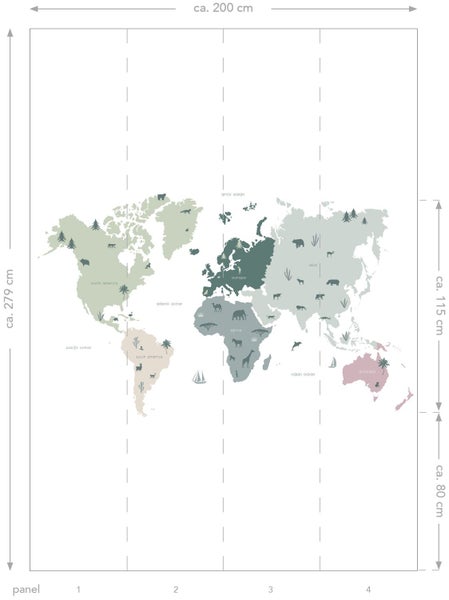 Weltkarte Tapete mit Kontinenten und Tierdarstellungen, circa 200 mal 279 Zentimeter