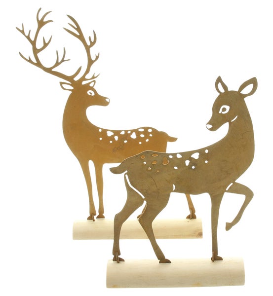 FRANK FLECHTWAREN | Metalldeko Hirsch, 2er Set, METALL, HOLZ, 22 x 6 x 32 cm, 19 x 6 x 25 cm