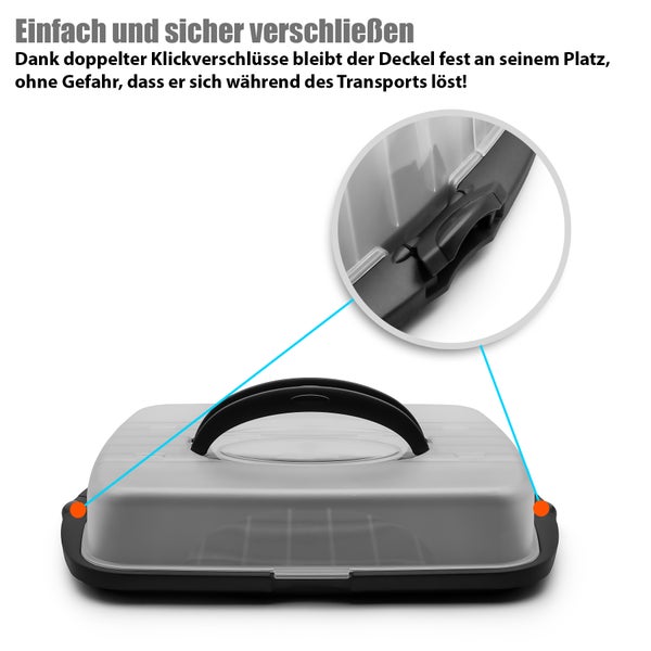 Tortentransportbox mit transparentem Deckel, schwarzem Griff und Klickverschlüssen für sicheren Transport.