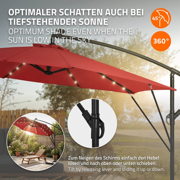 Ampelschirm mit LED Beleuchtung schwenkbar um 360 Grad und neigbar um 45 Grad für optimalen Sonnenschutz im Garten