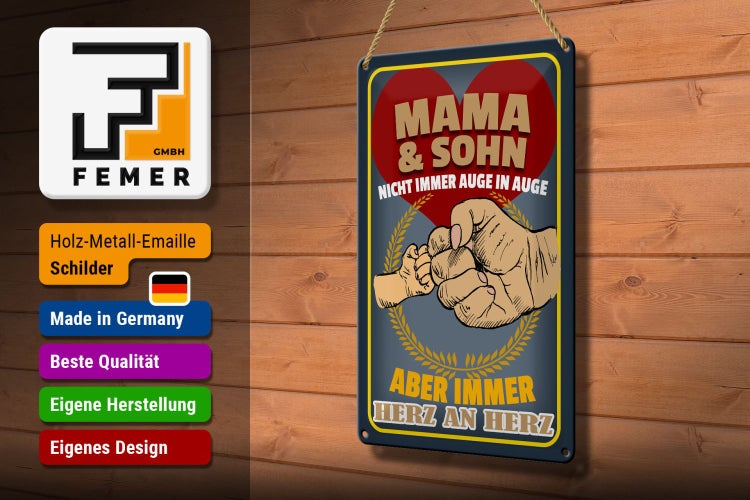 Blechschild Spruch 20x30cm Mama und Sohn immer Herz an Herz