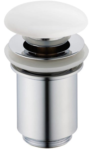 Waschbecken-Ablaufventil mit weißer Keramikabdeckung und verchromtem Metallgehäuse.