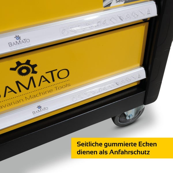 Bamato Werkstattwagen mit gummierten Ecken als Anfahrschutz sowie stabilen Lenkrollen.