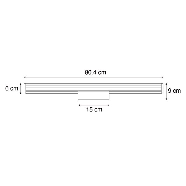 Technische Zeichnung einer 80,4 cm langen, 9 cm hohen und 6 cm tiefen Lampe mit 15 cm breiter Halterung.
