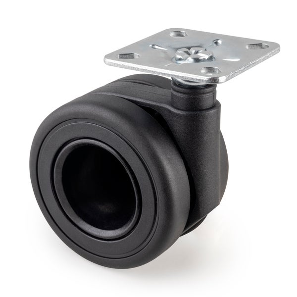 Möbel-Doppelrolle aus Kunststoff mit Anschraubplatte aus Metall.