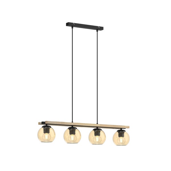 Hängelampe mit vier Glaskugeln und Holzelement