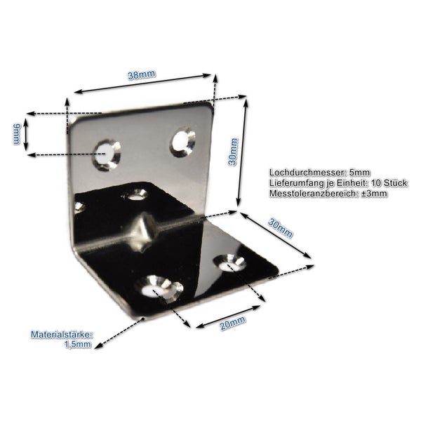 Winkelverbinder aus Metall mit 38 mal 30 mal 20 Millimeter Maßen und 1,5 Millimeter Materialstärke, 10 Stück im Set.