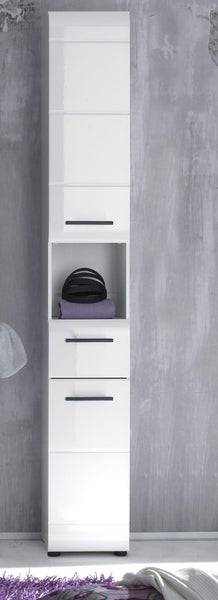 Weißer Hochschrank mit glänzender Oberfläche, zwei Schubladen, schwarzen Griffen und einem offenen Fach.