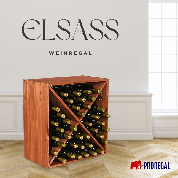 Proregal Weinregal Elsass aus Holz mit X-Einteilung, befüllt mit Weinflaschen in einem Wohnraum.