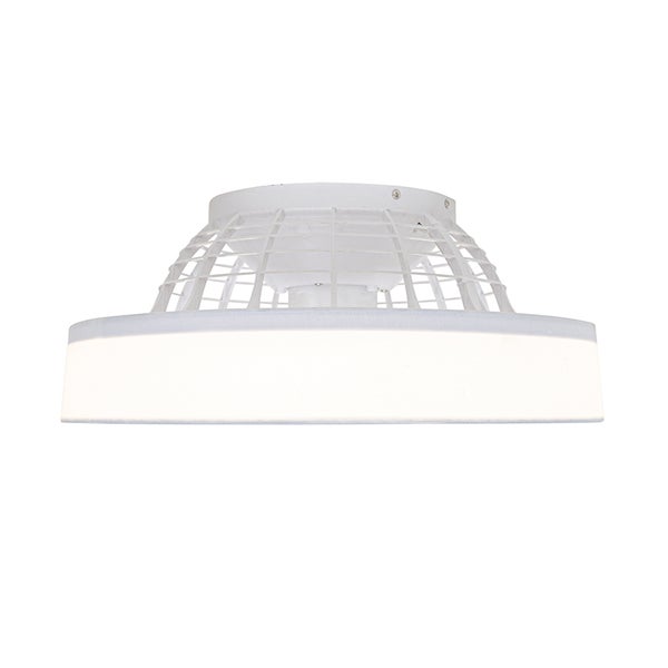 Deckenventilator mit integrierter LED-Beleuchtung, modernes Design in Weiß mit Schutzgitter.