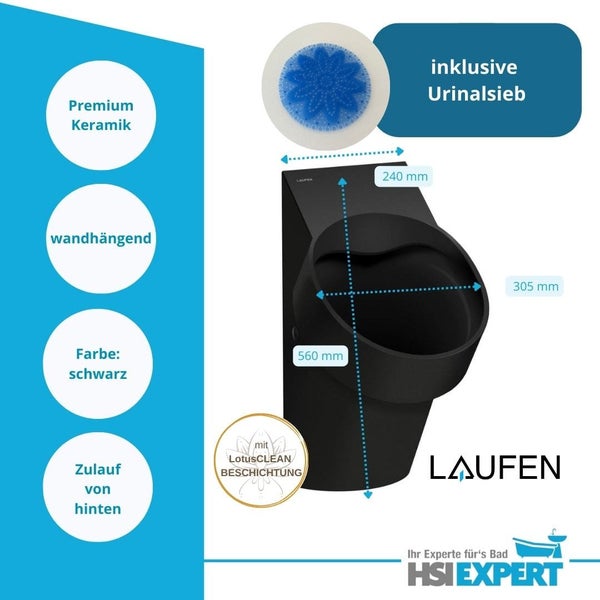 Schwarzes wandhängendes Urinal aus Premium-Keramik mit den Maßen 240 x 305 x 560 mm inklusive Urinalsieb und LotusClean Beschichtung