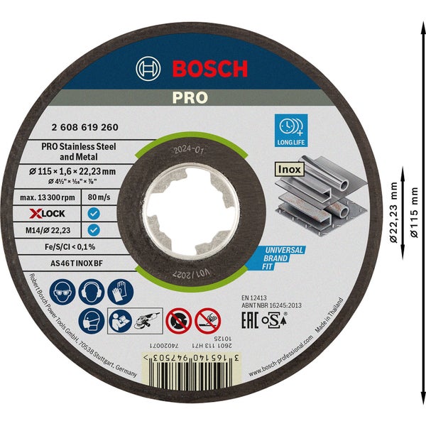 Bosch PRO Stainless Steel and Metal X-Lock Trennscheibe 115 x 1,6 x 22,23 mm - 2608619260