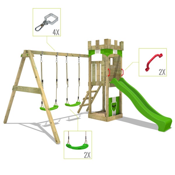 FATMOOSE Spielturm Klettergerüst TreasureTower mit Schaukel und Rutsche, Kletterturm mit Sandkasten, Leiter und Spiel-Zubehör - apfelgrün
