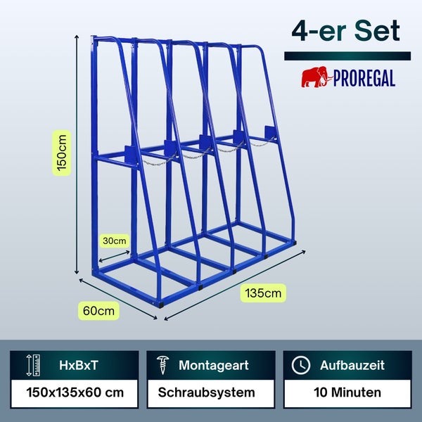 Proregal Langgutregal 4er-Set, Maße 150 Zentimeter Höhe mal 135 Zentimeter Breite mal 60 Zentimeter Tiefe, Schraubsystem, Montagezeit 10 Minuten. Proregal Logo.