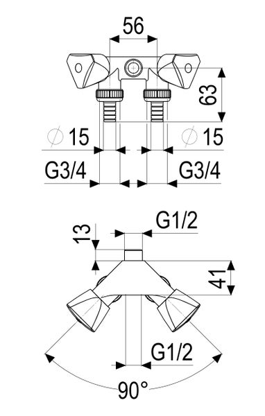 Technische Zeichnung eines Doppelgeräteventils mit Maßen in Millimeter, Anschlüssen G 1/2 und G 3/4 sowie 90 Grad Winkelangabe.