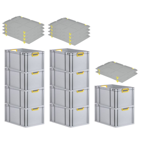 PROREGAL Spar Set 10x Eurobox Nextgen Color Mit Auflagedeckel & Schiebeschnappverschlüsse HxBxT 32 x 40 x 60 cm Griffe Gelb Offen Verstärkter Boden