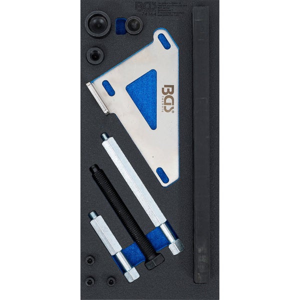 Motor-Einstellwerkzeug-Satz von BGS Technic in einer Schaumstoffeinlage mit Einstellplatte, Gewindestangen und Bolzen.