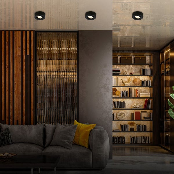 Modernes Wohnzimmer mit drei schwarzen runden Aufbaustrahlern an der Decke, grauem Sofa, Holzpaneelen und einem beleuchteten Bücherregal.