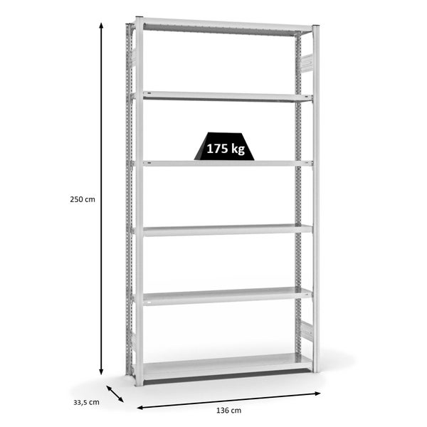 PROREGAL Fachbodenregal Stecksystem T-Profil Light-Duty Grundregal HxBxT 250 x 130 x 30 cm 6 Ebenen Fachlast 175 kg Beidseitig Nutzbar Lichtgrau