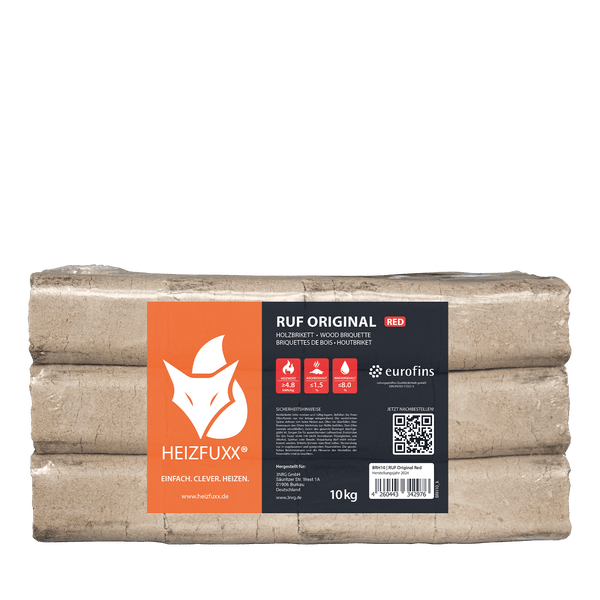 Heizfuxx Holzbriketts RUF Original, 10 Kilogramm Packung, rechteckige Form aus gepresstem Holz.