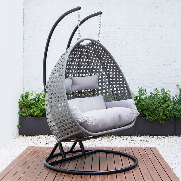 Home Deluxe - Hängesessel TWIN - Grau, Höhe 195 cm - inkl. Gestell, Sitz- und Rückenkissen I Polyrattan Hängestuhl Gartenschaukel Hängekorb