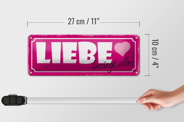 Blechschild Spruch 27x10cm Liebe besiegt alles Herz Dekoration