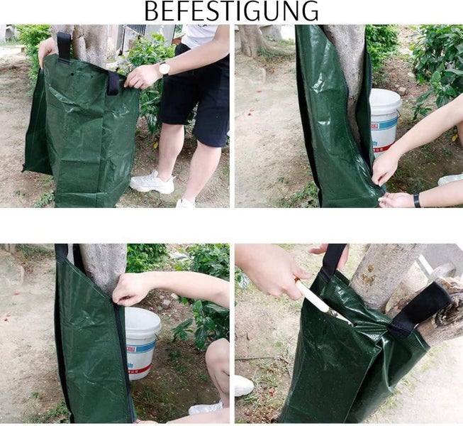 Anleitung zur Befestigung eines Baumbewässerungssacks durch Umlegen um den Stamm, Schließen des Reißverschlusses und Befüllen mit Wasser.