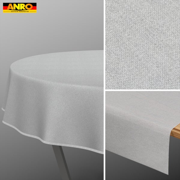 Graue Tischdecke von ANRO mit feiner Stoffstruktur, in runder und eckiger Ausführung mit genähtem Saum. ANRO Logo.