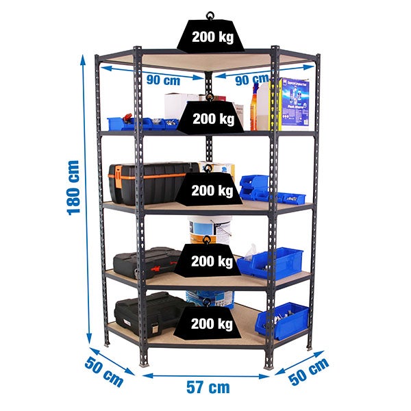 Eckregal MULI | HxBxT 180x90x50cm | 5 Fachböden | Fachlast 200kg | Anthrazit | Lagerregal Kellerregal Werkstattregal Metallregal Fachbodenregal Steckregal