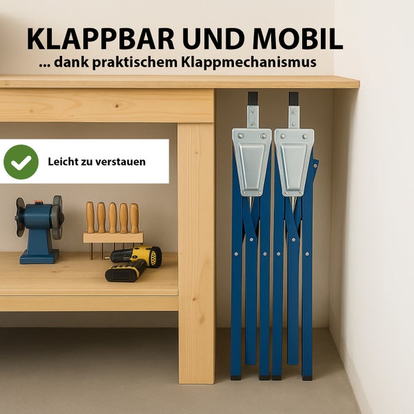 Klappbarer Unterstellbock aus blauem Metall, platzsparend verstaut unter einer hölzernen Werkbank in einer organisierten Werkstatt.