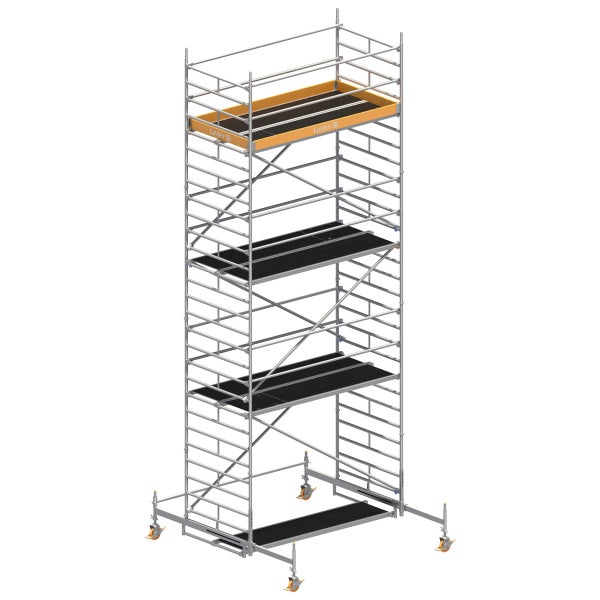 Rollgerüst mit mehreren Ebenen und Layher Logo