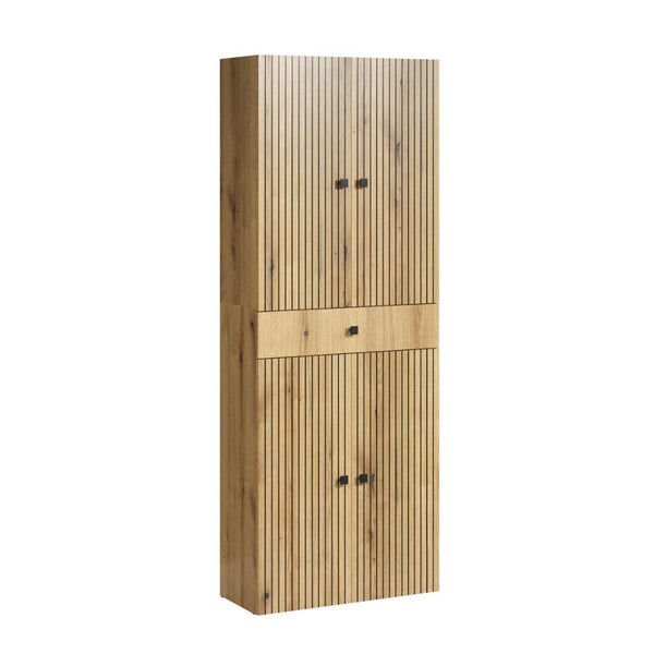 Hochschrank in Holzoptik mit Rillenstruktur, zwei Türen und einer Schublade mit schwarzen Griffen.