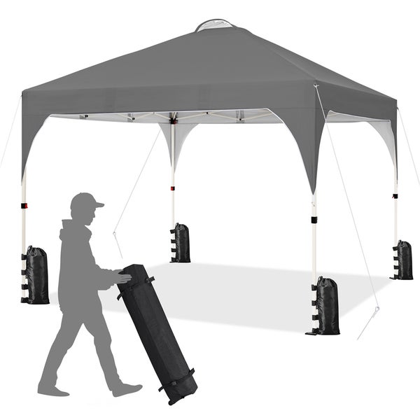 Grauer Faltpavillon mit Tragetasche und Sandsäcken zur Beschwerung